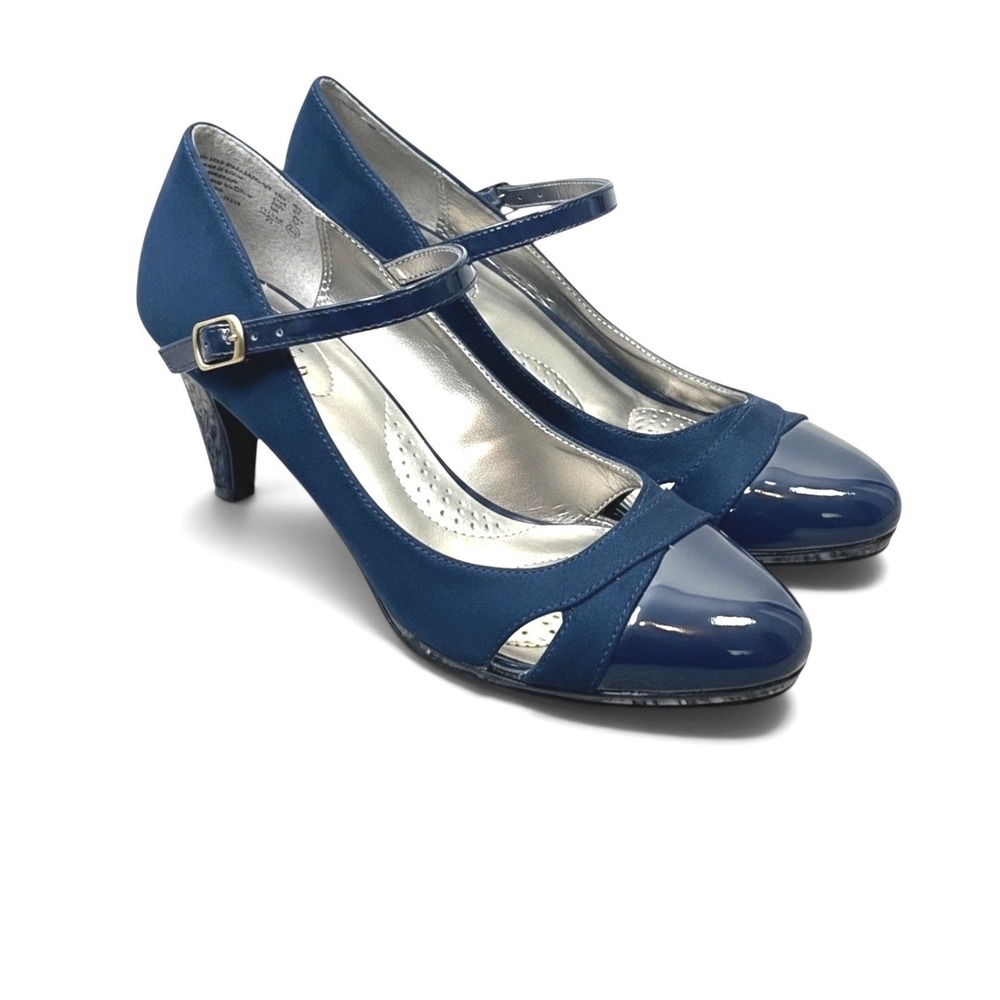 Dexflex Comfort Women Navy Blue Mary Jane Patent Cap Toe Cutout Heel 6.5.5